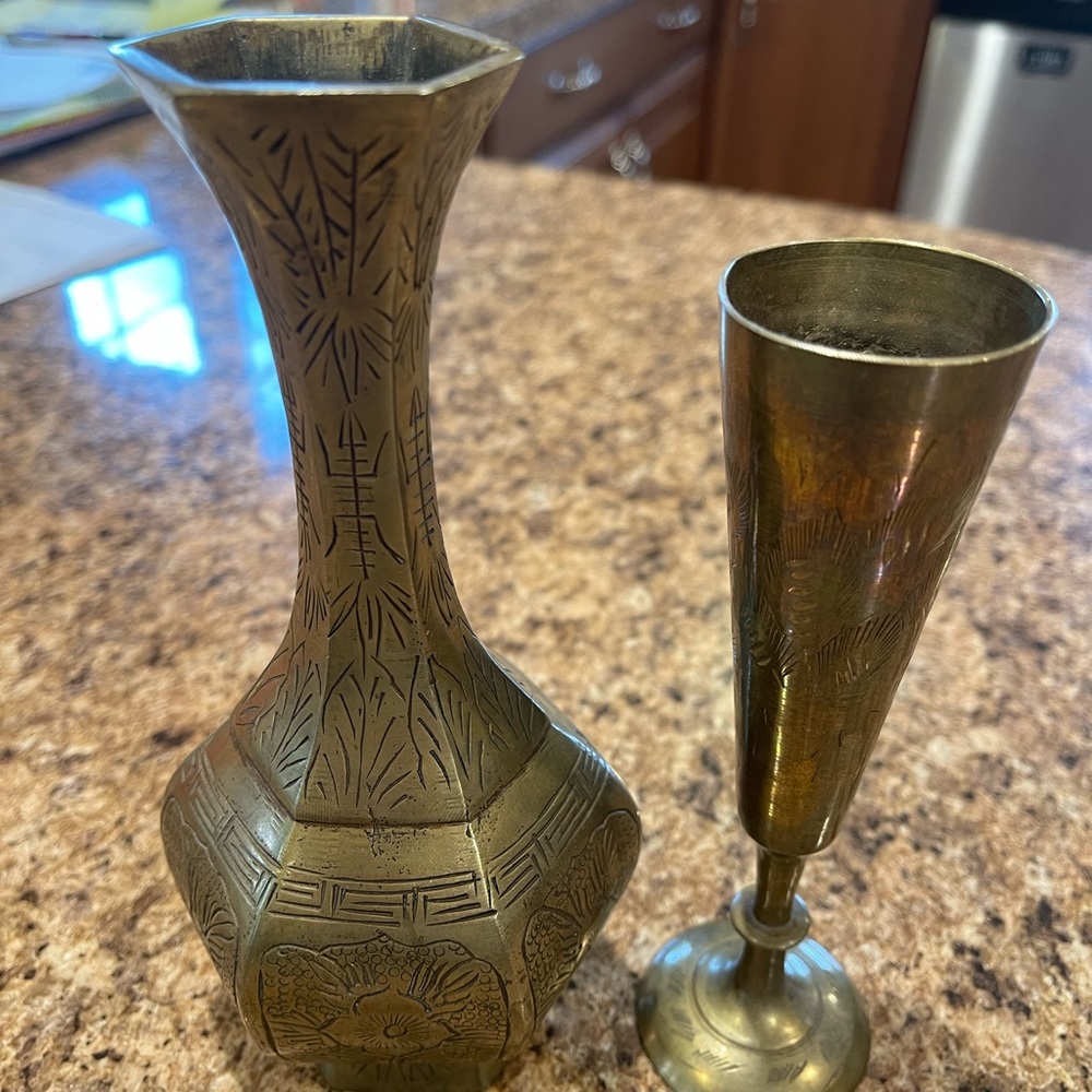 Vintage Etched Brass Vase Set